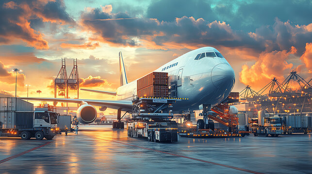 Cargo airplane at an airport loading dock during sunset, with containers and shipping equipment around.