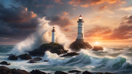 A serene coastal lighthouse standing tall against a backdrop of crashing waves and a dramatic sunset