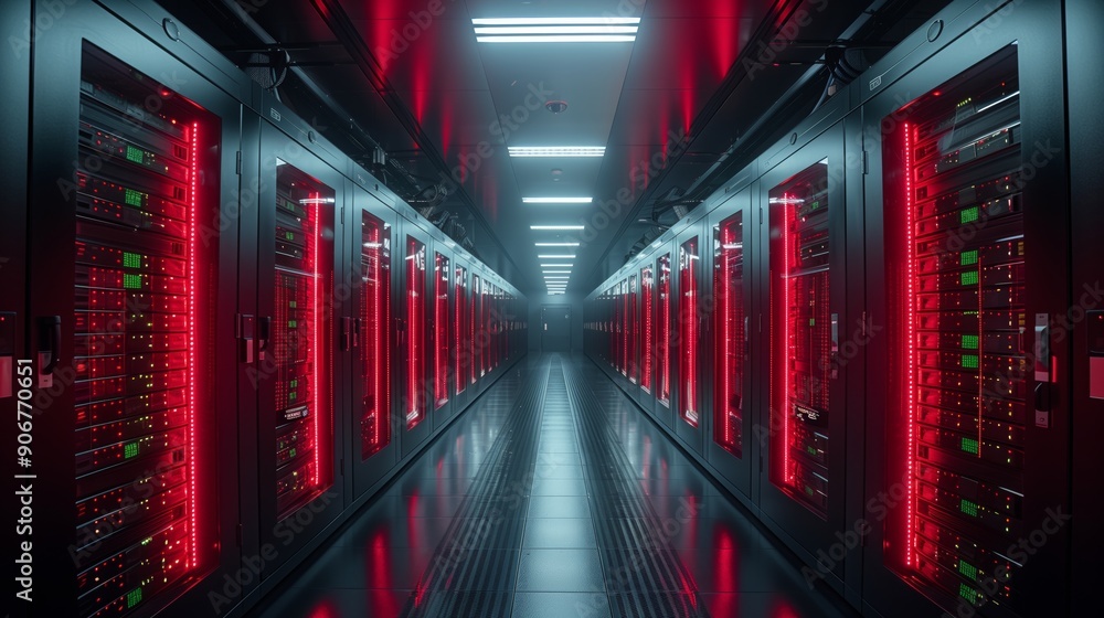 Poster rows of servers glow red in a dark corridor, highlighting a high-tech data center environment during