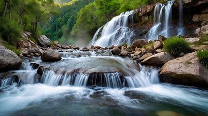 Fototapeta premium Beautiful mountain waterfalling background image and use it as your wallpaper. Ai generative