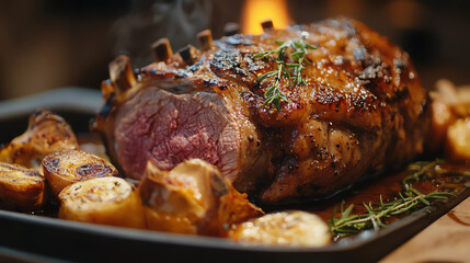 Delicious roasted lamb with crispy potatoes, garnished with fresh herbs, served hot and ready to eat, perfect for a gourmet dinner.