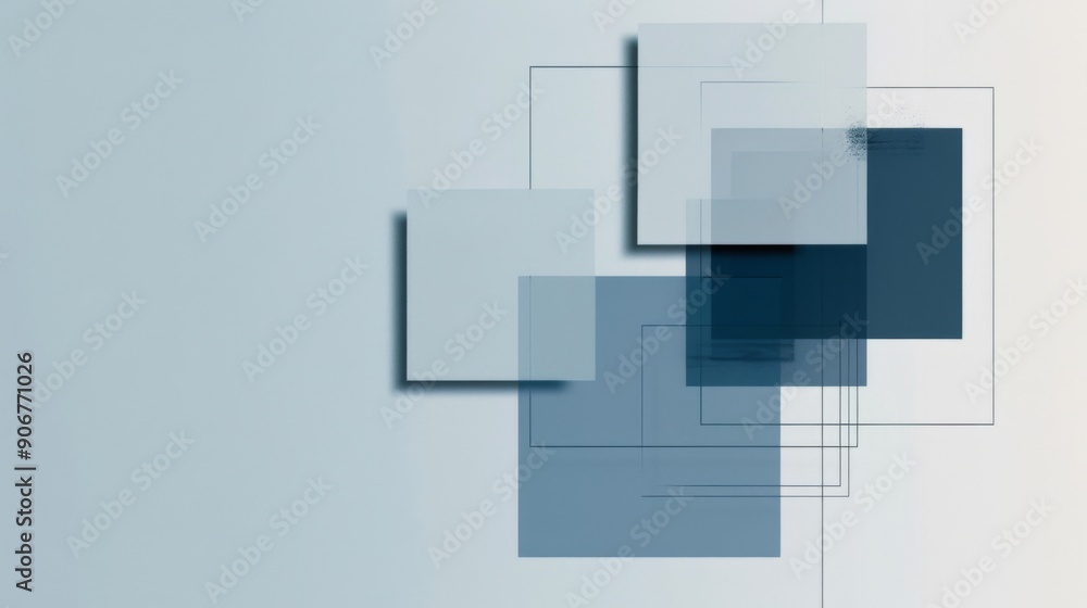 Poster business web banner with light grey background and three blue squares in bottom right corner, minima