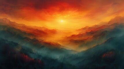 Majestic Sunset over the Misty Mountain Peaks
