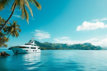 Fototapeta premium A large white boat is docked in the water next to a palm tree. The scene is serene and peaceful, with the boat and the palm tree creating a sense of relaxation and tranquility