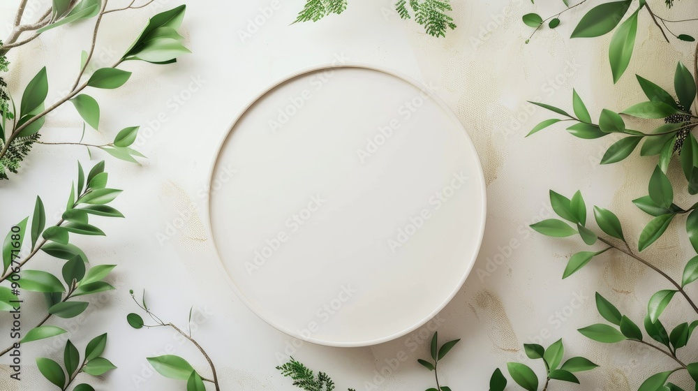 Poster top view display of empty podium with green leaves and natural branches on light grey background for