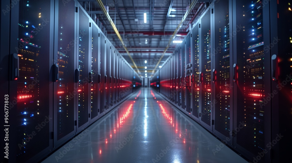 Aufkleber rows of servers glow with led lights in a modern data center corridor during the night hours.