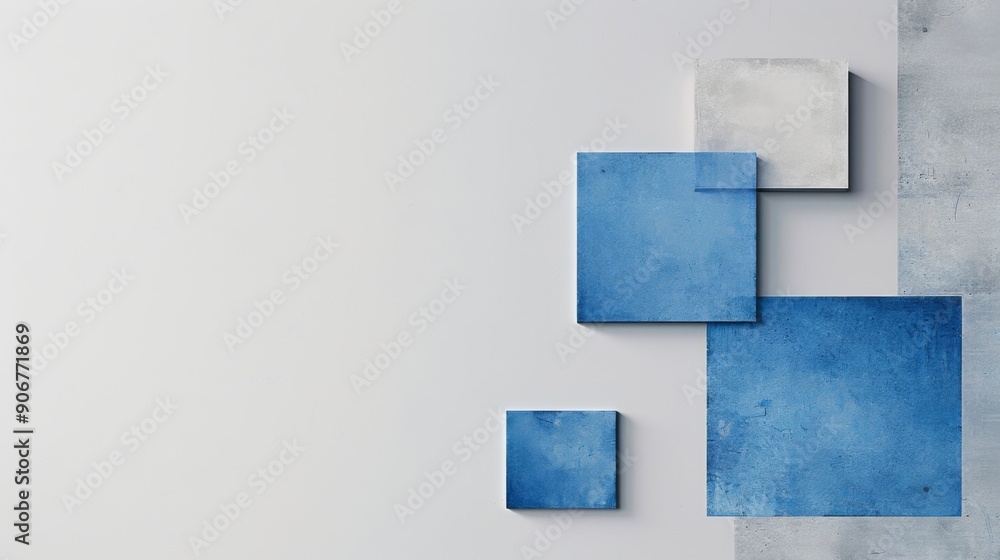 Poster business web banner with light grey background and three blue squares in bottom right corner, minima