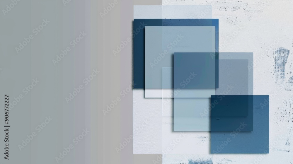 Poster business web banner with light grey background and three blue squares in bottom right corner, minima