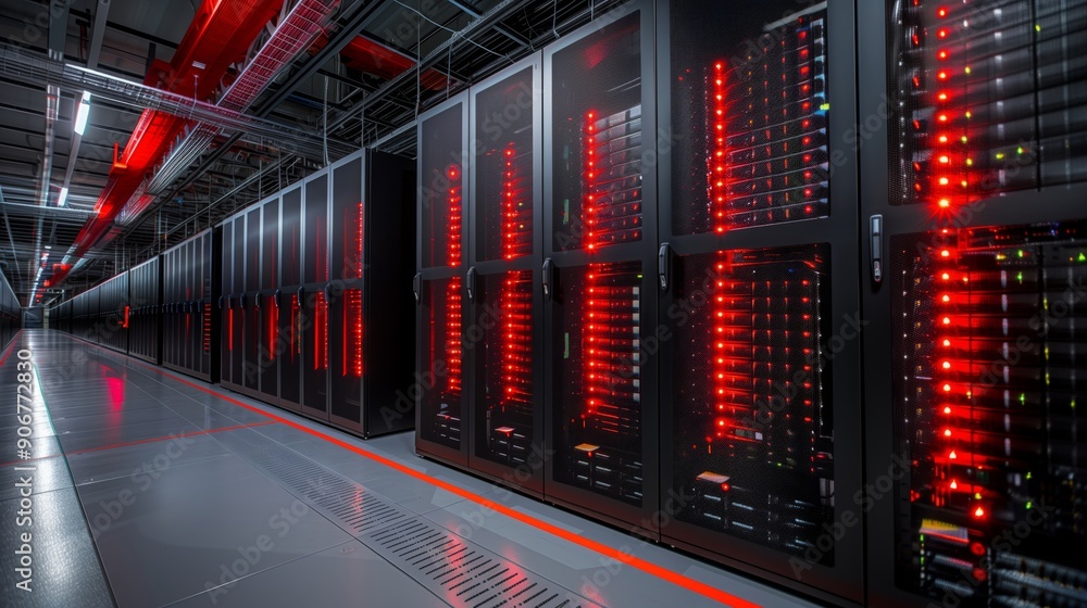 Poster rows of servers with red lighting fill a modern data center, showcasing advanced technology working 