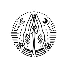 Minimalistic line art illustration depicting praying hands surrounded by spiritual symbols, including a crescent moon, dots, and lotus flowers. Hindu believes. Namaste. 