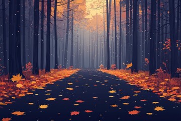 Autumn Forest Path with Falling Leaves