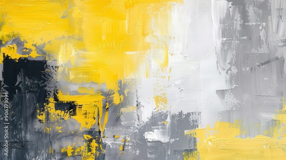 Poster a striking abstract composition featuring vibrant gray and yellow hues, showcasing dynamic brushwork