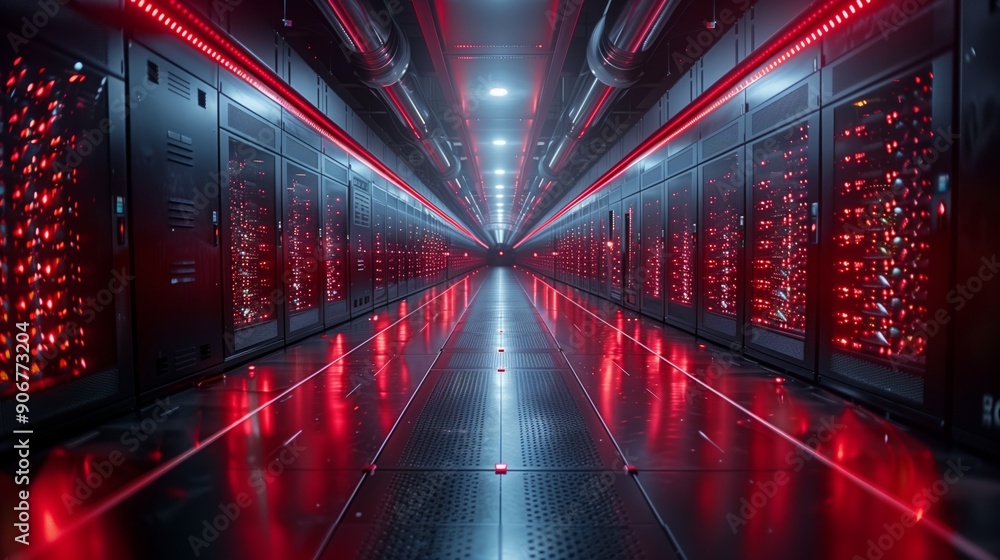 Poster a sleek corridor in a data center showcases servers glowing with red lights, creating a futuristic a