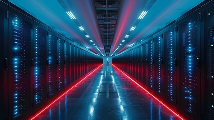 Fototapeta premium Colorful LED lights illuminate a corridor of rack servers in a state-of-the-art data center.