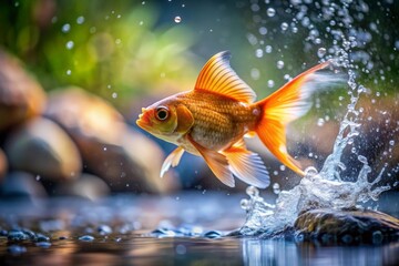 Gold fish breaks the water surface