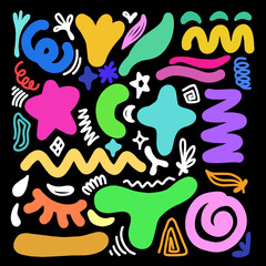 Colorful collection organic shapes and symbols on a black background. Modern contemporary figures, doodle objects and graphic elements. Vector illustrations collection.