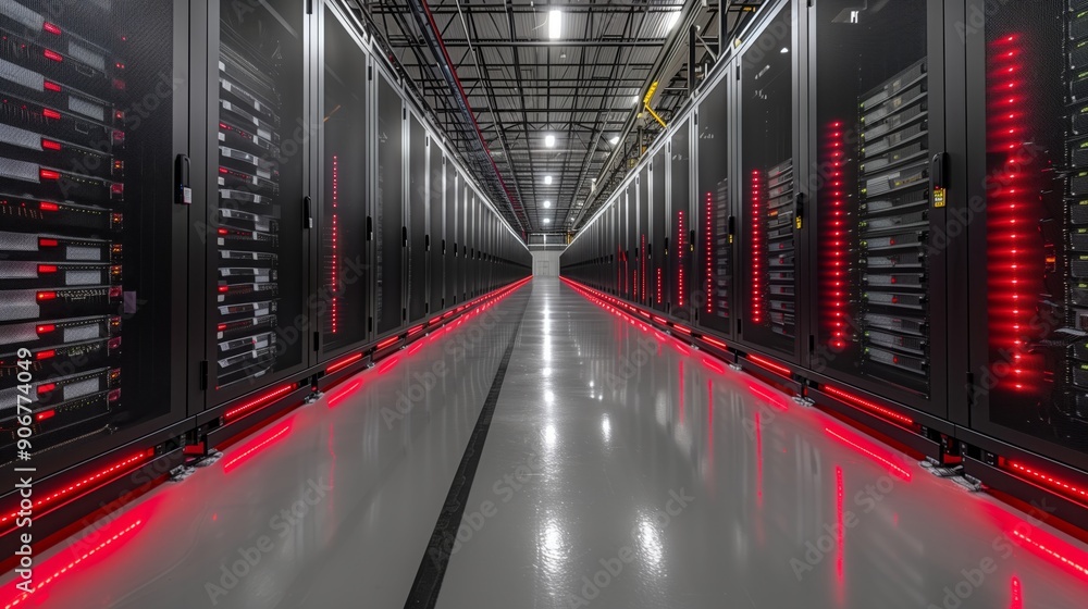 Poster vast data center featuring rows of servers with red lighting, showcasing advanced technology and equ
