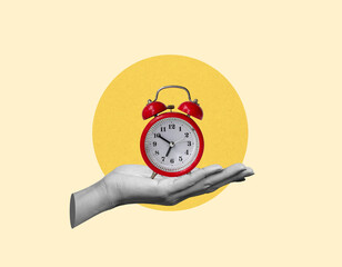 Time management and alarm clock concept background. morning, afternoon, night photo collage art.
