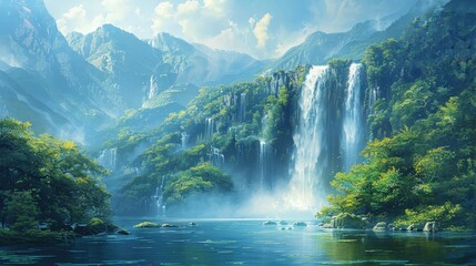 Fototapeta premium Majestic Waterfall in a Lush, Mountain Landscape