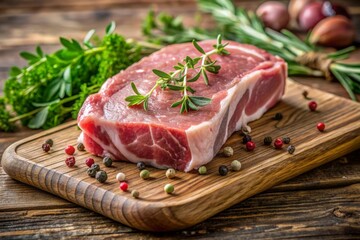 Raw pork steak with herbs around
