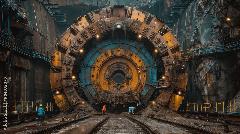 Poster giant tunnel boring machine in operation. massive tunnel boring machine in operation at a constructi