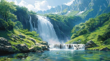 Majestic Waterfalls in a Lush, Verdant Landscape