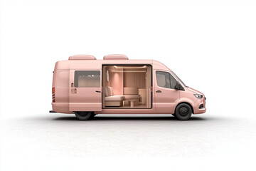 Pink luxury camper van showing interior living space on white background template