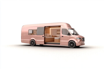 Pink luxury camper van showing interior living space on white background template