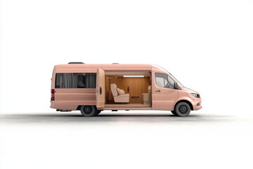 Pink luxury camper van showing interior living space on white background template