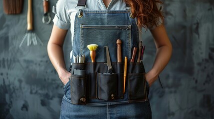 Close-up of a hairstylist using professional tools in a waist pouch against a grey background, sunny room