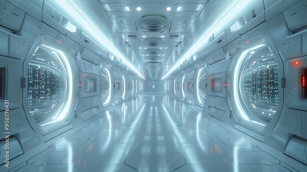 Poster a sleek, illuminated corridor features bright neon lights and circular windows displaying advanced t