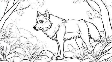 Cunning wolf in the forest cartoon line drawing used for teaching drawing coloring white background Generative Ai