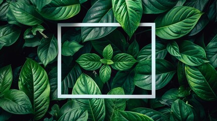 Obraz premium A flat lay arrangement of green leaves with a white square frame makes for a creative invitation or business card design.