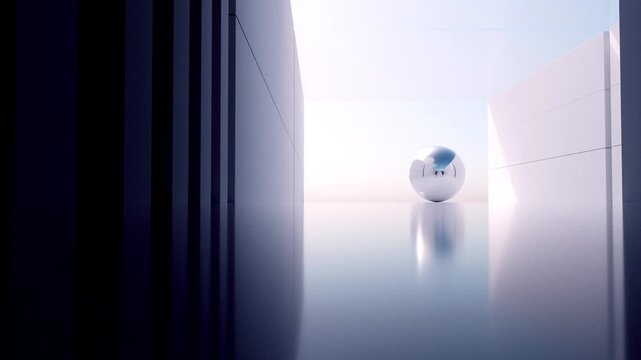 3d render video animation with surreal part of exterior building structure with white flat cubes rectangle blocks colones in white concrete material with silver mirror sphere ball sculpture 