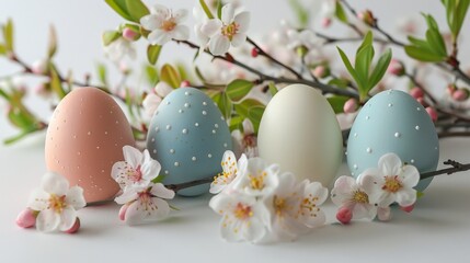 Obraz premium Easter eggs with different color coatings arranged alongside pretty flowers and branches on a spotless white background