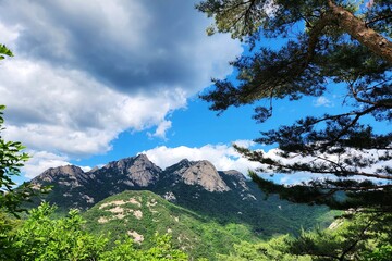 Obraz premium the top of Bukhansan Mountain in Korea in sunny weather. hiking in korea. mountains Korea Seoul