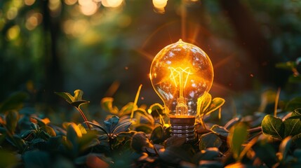 An ecology concept is embodied by glowing light bulbs in forests, which are exponentially growing technological organizations that represent innovation and technology.