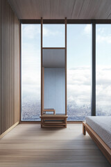 Luxury apartment room interior with a large window together with minimalist furniture and decoration. Contemporary Real Estate interiors design.