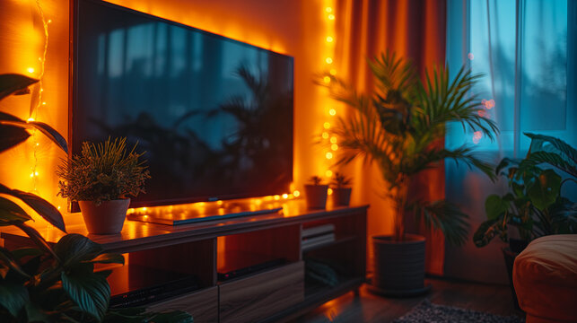 vista frontal mueble de tv en una sala minimalista iluminada de noche.