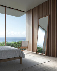 Luxury apartment room interior with a large window together with minimalist furniture and decoration. Contemporary Real Estate interiors design.
