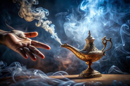 Genie hand emerging from genie lamp