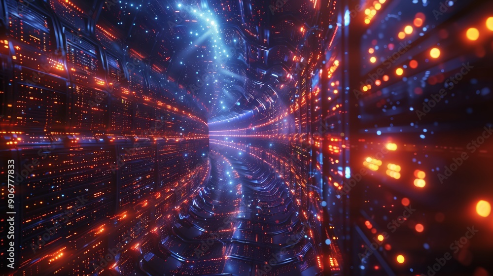 Poster a mesmerizing tunnel illuminated by vibrant lights and data flows, creating a futuristic, high-tech 