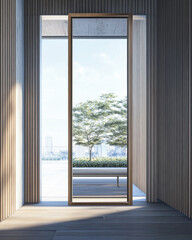 Fototapeta premium Luxury apartment room interior with a large window together with minimalist furniture and decoration. Contemporary Real Estate interiors design.