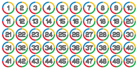 Numbers, 1 to 50 circle icons, red blue yellow black green , premium