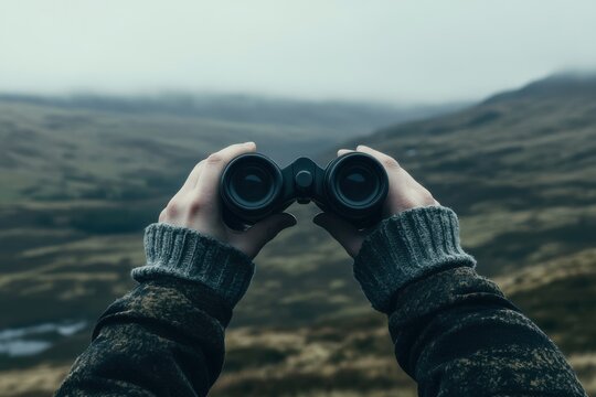 Man Observing Landscape with Binoculars.