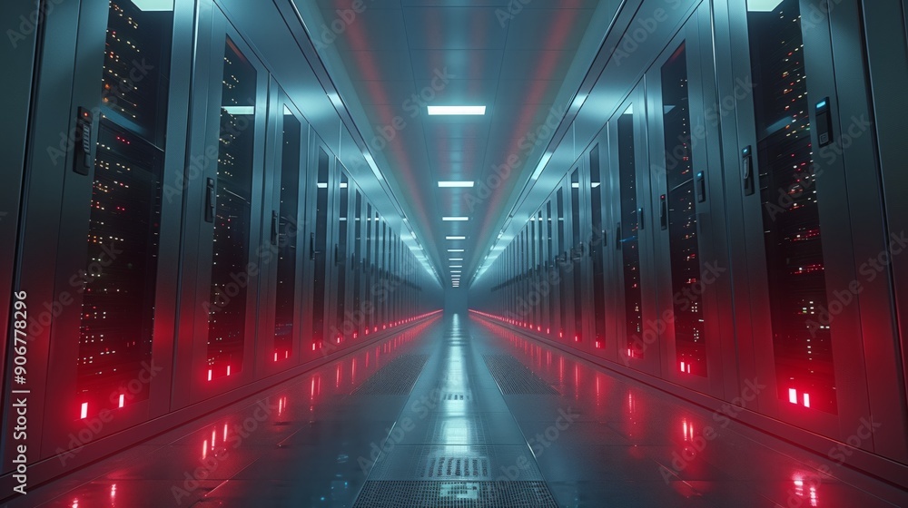 Poster a high-tech data center features rows of server cabinets glowing with red lights, creating a strikin