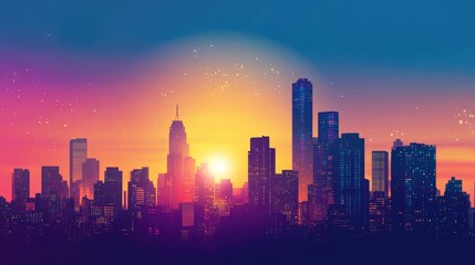 Fototapeta premium City skyline silhouette at sunset in vector style, highlighting skyscrapers against a colorful sky.