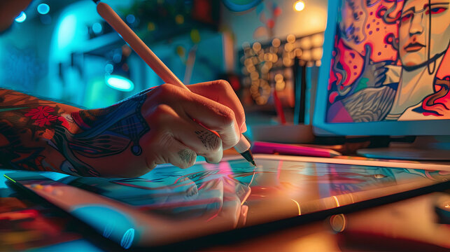 A creative graphic designer uses a digital pen on a tablet to craft a vibrant illustration, showcasing modern design tools and artistic innovation in a well-lit workspace