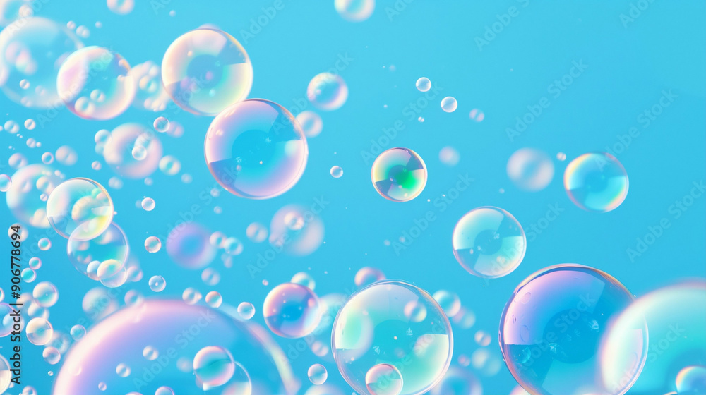 Poster bubbles in a soft blue background. colorful floating bubbles with light reflections and a graphic ap