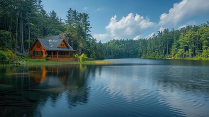 Serene Mountain Lake Retreat with Wooden Cabin Reflection